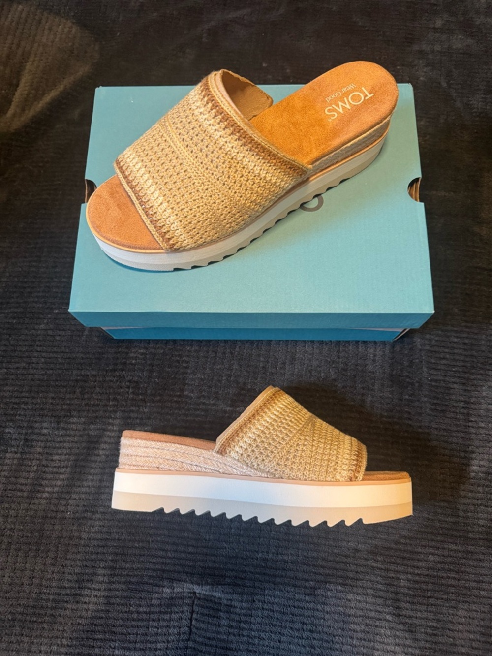 TOMS Tan Raffia Platform Slide Sandals